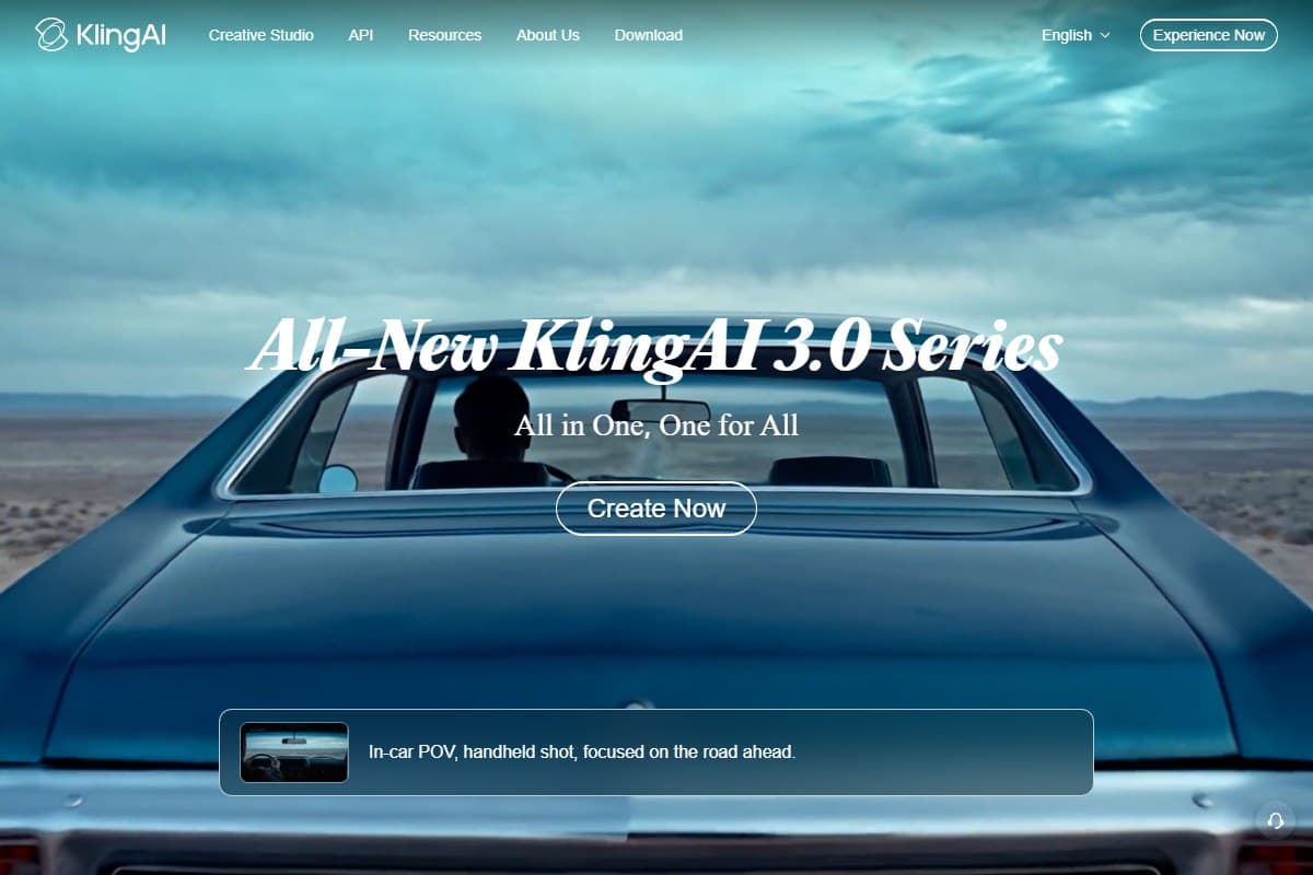 Screenshot: Kling AI's homepage, leading with the new Kling 3.0 series and its 'All in One, One for All' pitch (July 2026)