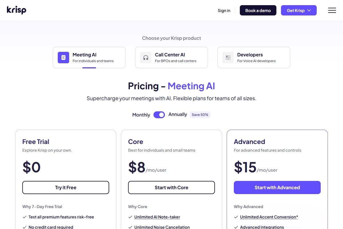 Screenshot: Krisp's current 2026 Meeting AI pricing — Free Trial, Core, and Advanced tiers