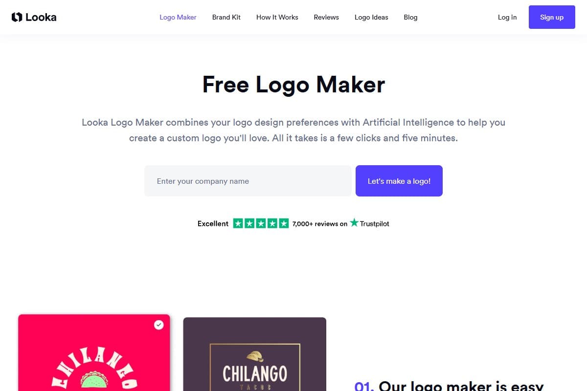 Looka free logo maker landing page