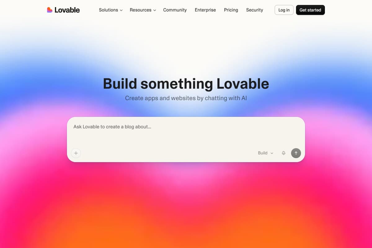 Screenshot: Lovable.dev homepage — the marketing pitch for building full-stack apps from a single plain-English prompt