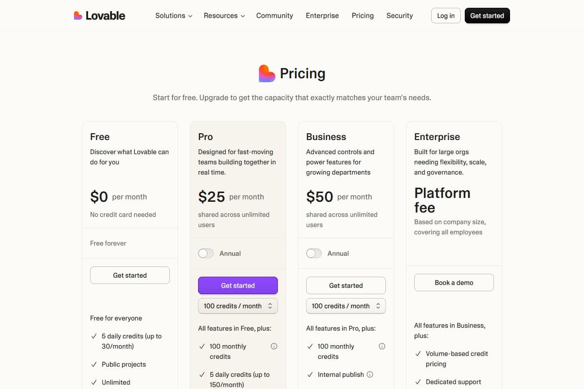 Screenshot: Lovable pricing page — current tiers as of May 2026 (Free, Pro $25/mo, Business $50/mo, Enterprise custom)