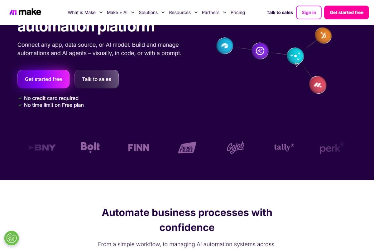 Screenshot: Make.com's homepage — the visual-first automation pitch, AI agents, and 3,000+ app integrations (May 2026)