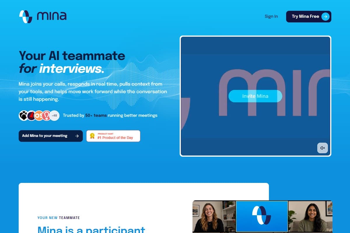Screenshot: Mina's homepage — 'Mina joins your calls, responds in real time, pulls context from your tools, and helps move work forward while the conversation is still happening' (getmina.ai, June 2026)