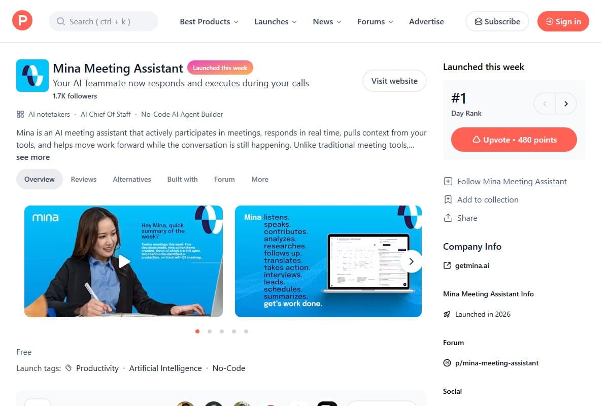 Screenshot: Mina Meeting Assistant at #1 Day Rank on Product Hunt — 480 upvotes, 1.7K followers, listed under AI notetakers, AI Chief of Staff, and No-Code AI Agent Builder (Product Hunt, June 2026)