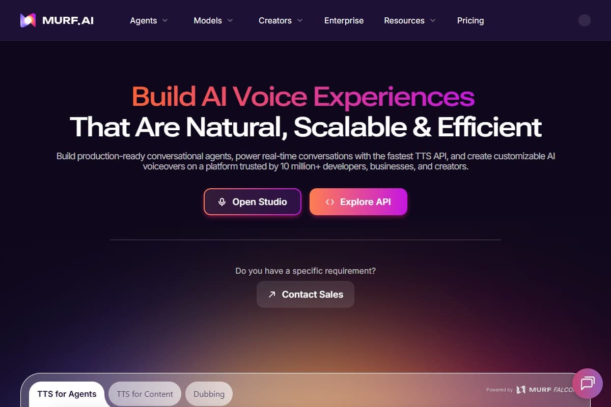 Screenshot: Murf AI's homepage, pitching voice agents, a TTS API, and Studio voiceovers on one platform (July 2026)