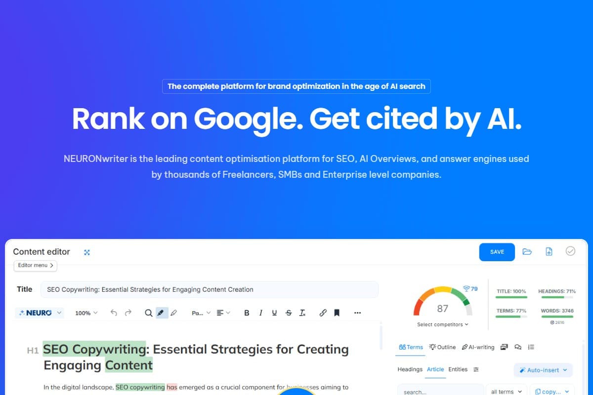 Screenshot: NeuronWriter — SERP-driven content optimization with the 2026 AI Score for generative search.