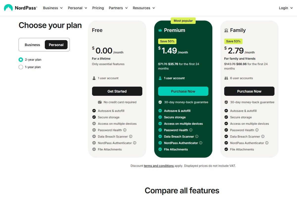 Screenshot: NordPass pricing — note 'Access on multiple devices' is greyed out on the Free plan, the key gap vs Bitwarden Free (June 2026)