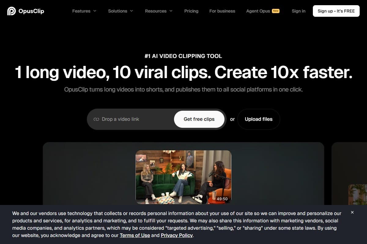 Screenshot: the OpusClip homepage, leading with its one long video to ten viral clips pitch and a paste-a-link box (September 2026)