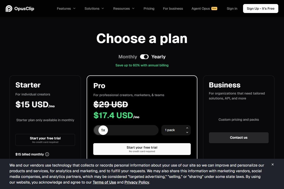 Screenshot: the OpusClip pricing page as of September 2026, with the yearly toggle applied and Pro dropping from $29 to $17.40 a month