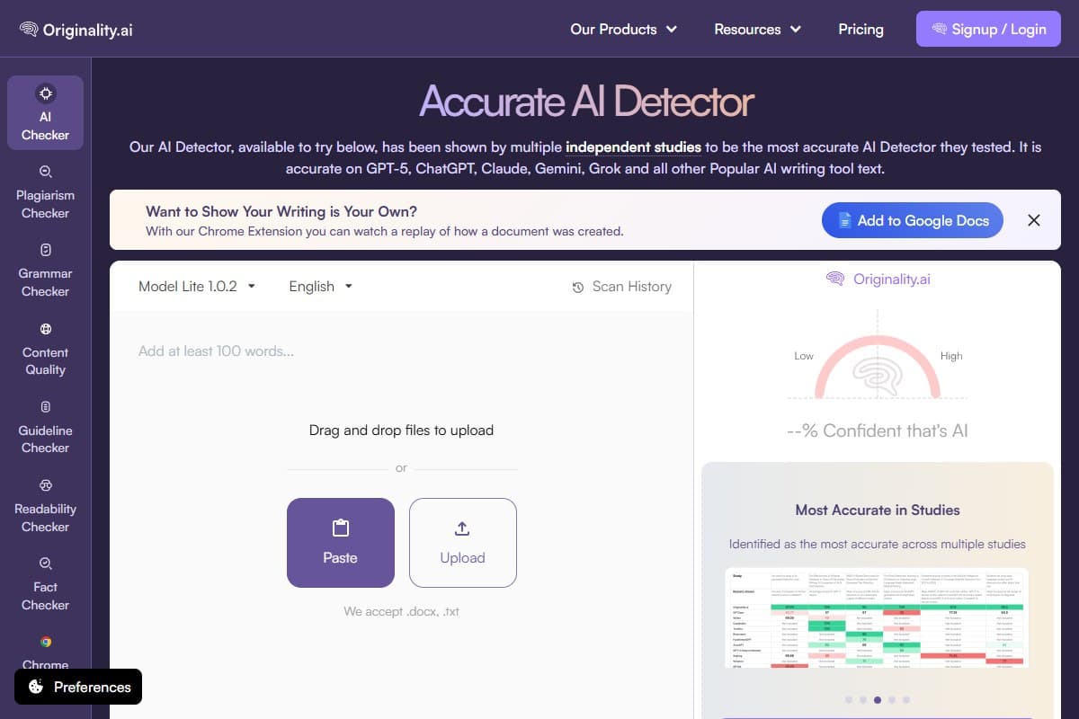 Screenshot: Originality AI homepage and content scan dashboard (2026)
