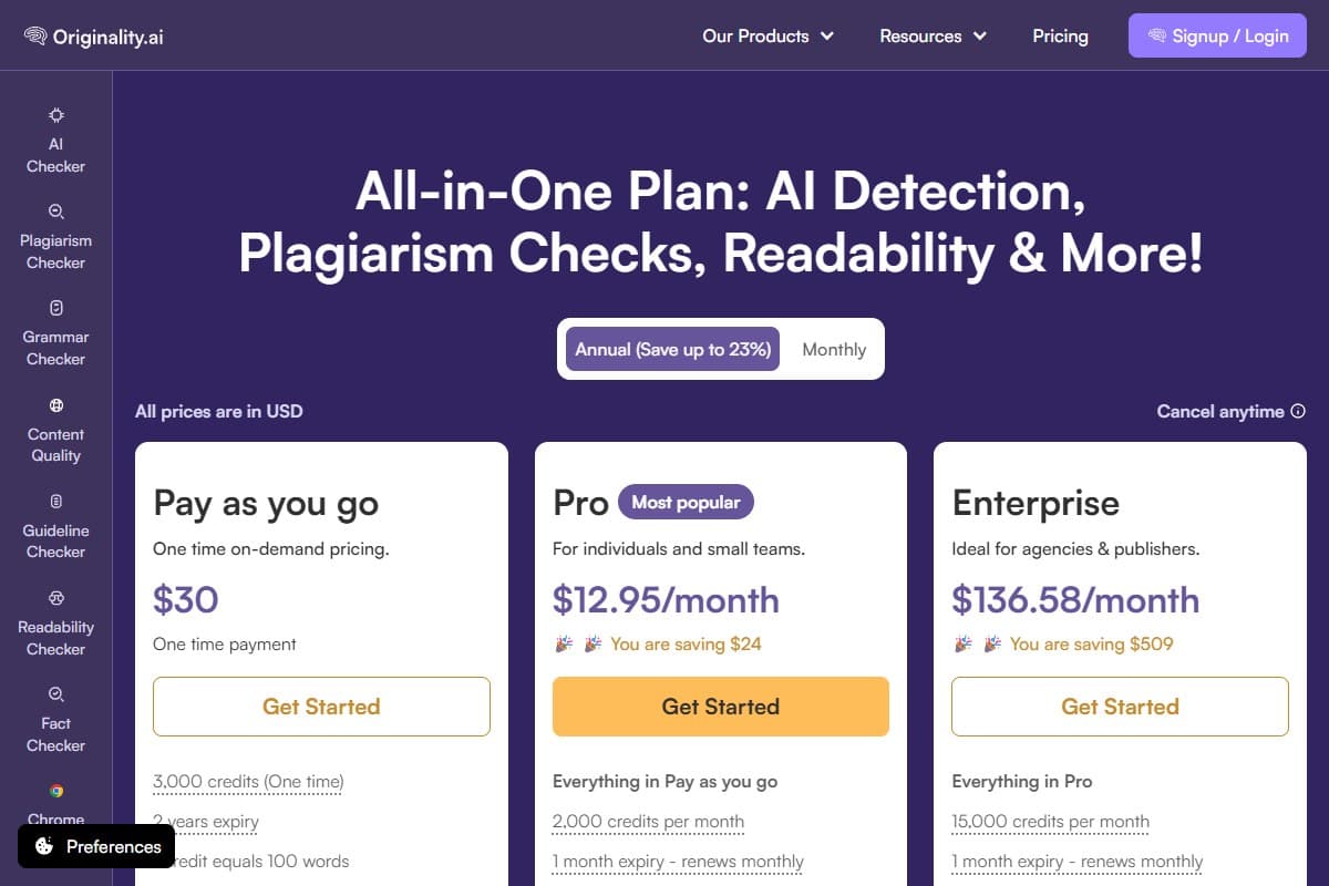 Screenshot: Originality AI pricing, pay-as-you-go credits and the Teams plan (2026)