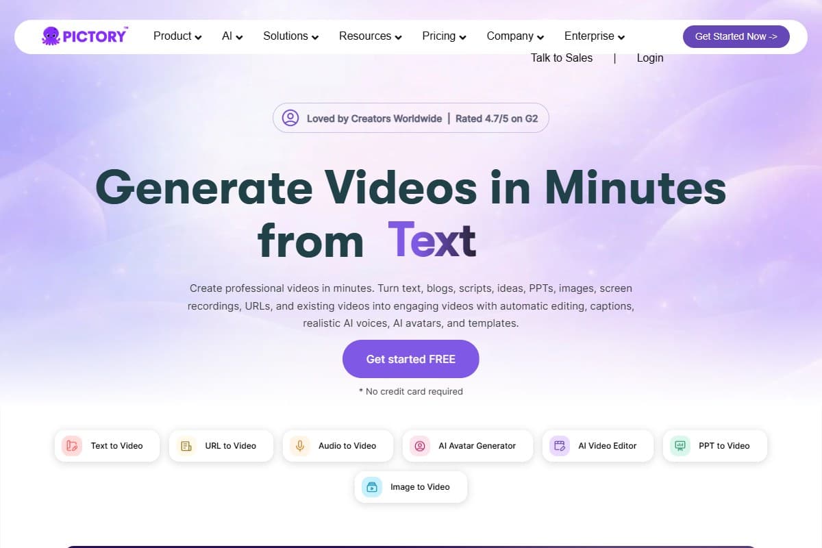 Screenshot: Pictory's homepage, which sells the inputs rather than the output: text, blogs, scripts, PPTs, screen recordings, and URLs (July 2026)