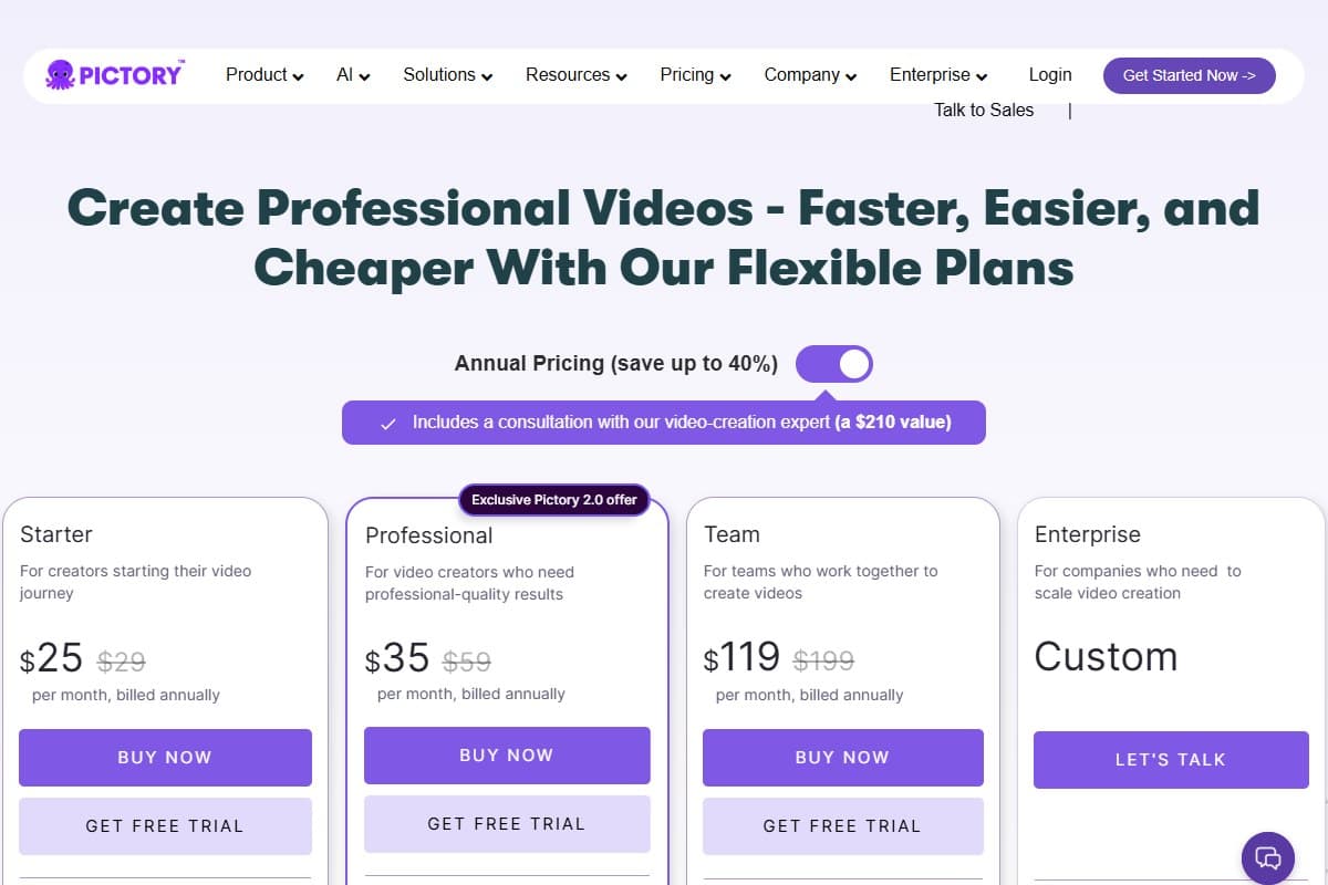 Screenshot: Pictory's pricing page with the annual toggle on, showing Starter at $25, Professional at $35, and Team at $119 against their monthly rates, plus the $210 consultation on annual plans (July 2026)