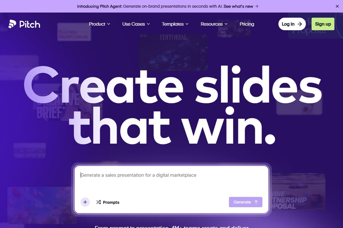 Screenshot: Pitch homepage: AI-powered presentation tool with brand-template generation (May 2026)