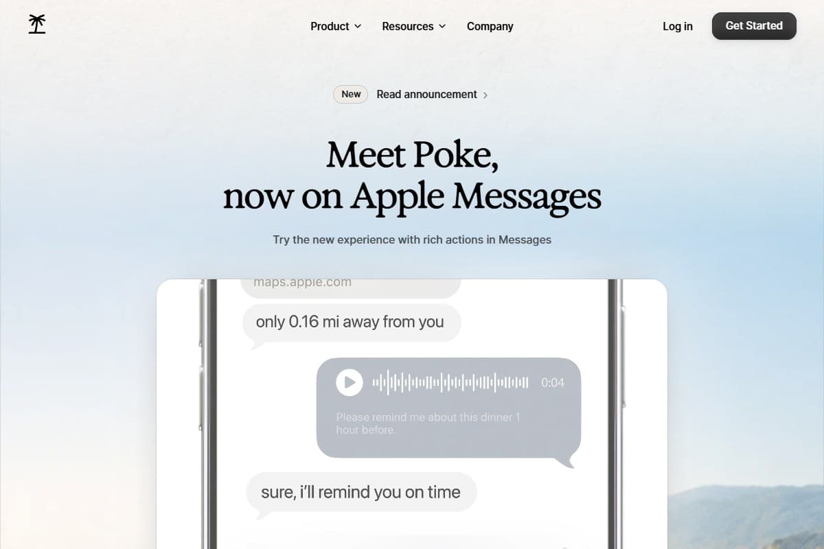 Screenshot: Poke.com homepage — the pitch is an assistant that texts you on the channels you already use (June 2026)