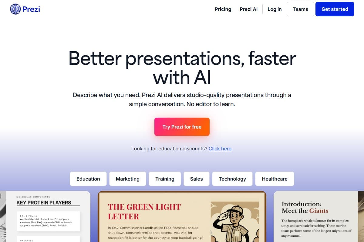 Screenshot: Prezi's homepage in August 2026. Note what it leads with: 'Better presentations, faster with AI' and 'No editor to learn', selling the AI generation rather than the zoom canvas Prezi is actually known for (August 2026)