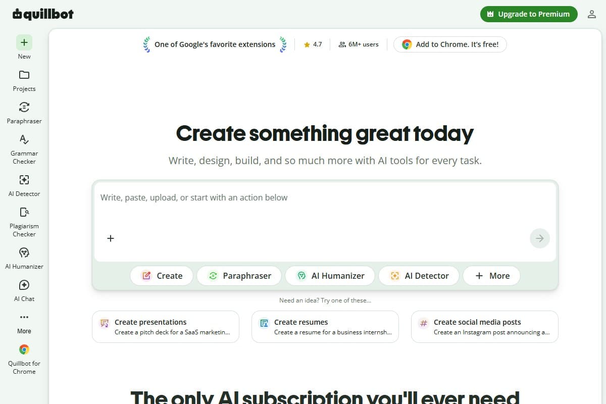 Screenshot: QuillBot — a full writing suite where the humanizer is one tool among ten (June 2026)