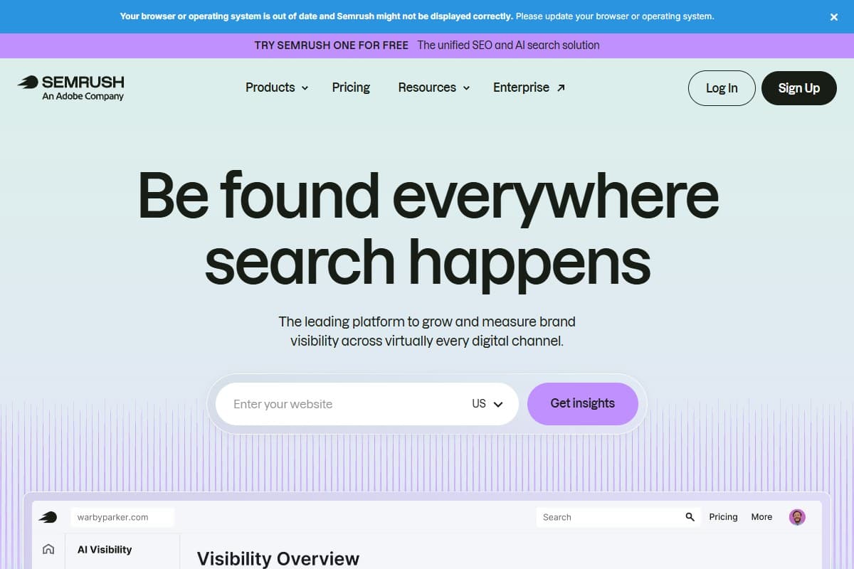Screenshot: Semrush — an all-in-one marketing platform with the deepest data in the category (June 2026)