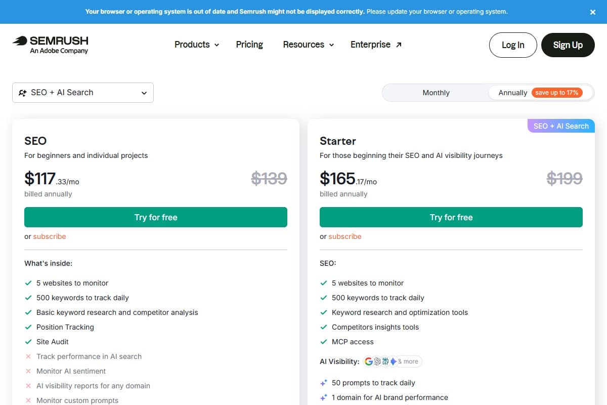Screenshot: Semrush pricing — Pro, Guru, and Business tiers, priced for organizations (June 2026)