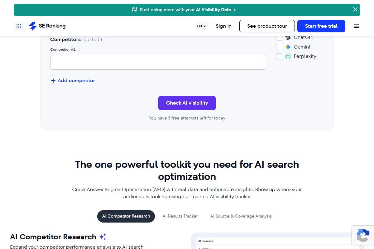 Screenshot: SE Ranking's free AI visibility checker, with engine selection for ChatGPT, Gemini, and Perplexity, up to five competitors, and five free checks per day (August 2026)