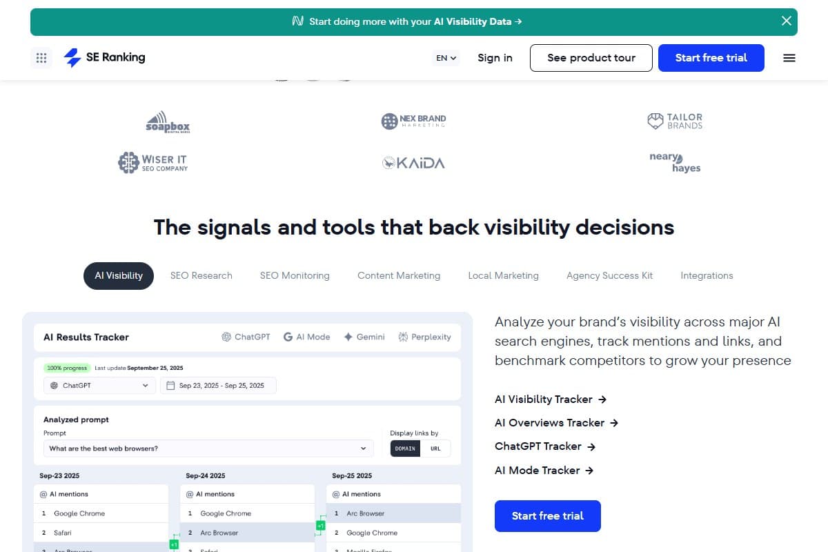 Screenshot: SE Ranking's AI Results Tracker showing prompt-level brand mentions across ChatGPT, AI Mode, Gemini, and Perplexity with day-over-day position changes (August 2026)