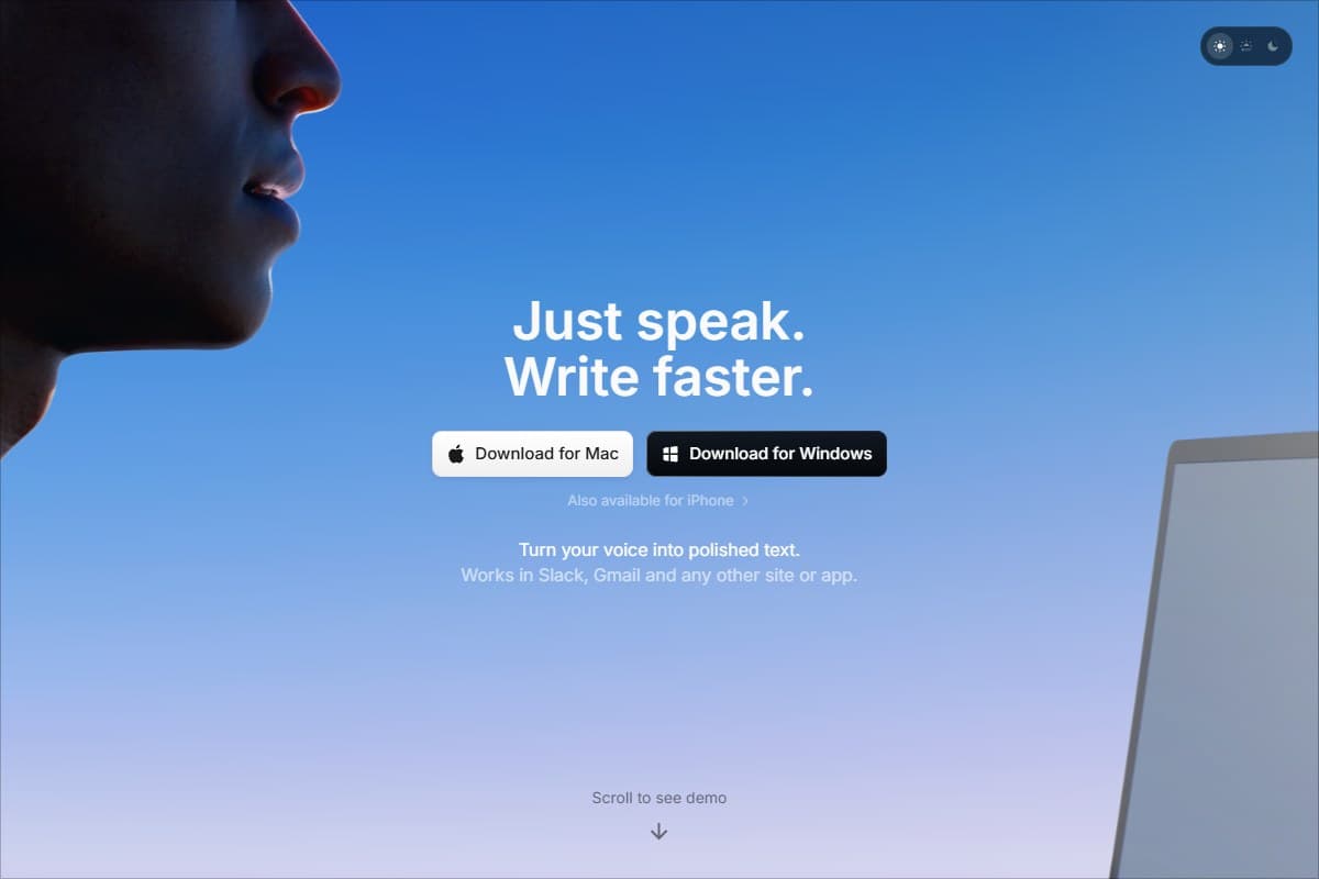 Screenshot: SuperWhisper — on-device, offline dictation for Mac with custom modes and full privacy.