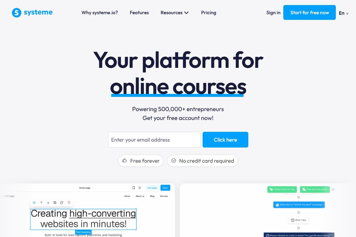 Screenshot: Systeme.io — the all-in-one pitch with the free-forever plan front and center (2026).