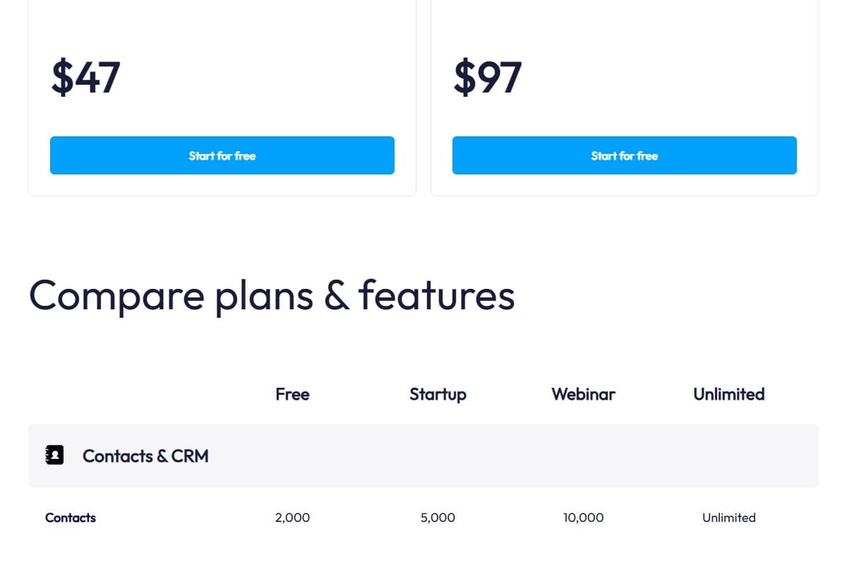 Screenshot: Systeme.io pricing page — Free, Startup, Webinar, and Unlimited tiers (May 2026)