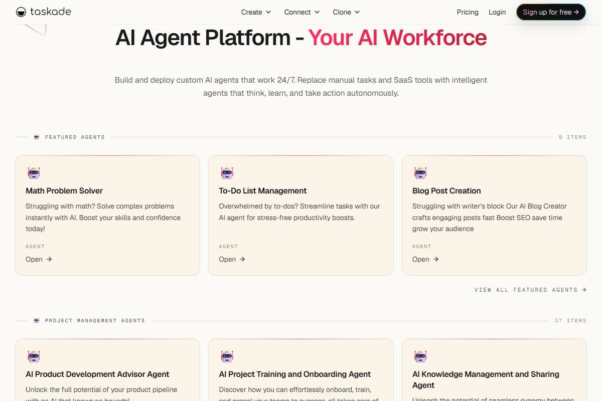 Screenshot: Taskade's Agents v2 surface — each agent carries 33 built-in tools and routes across 15+ models.