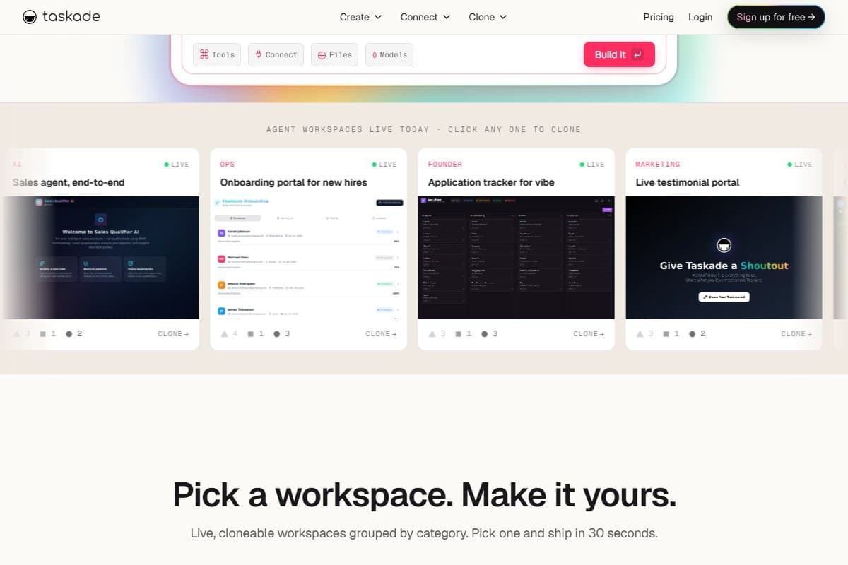 Screenshot: Taskade's homepage in June 2026 — 'Agent workspaces live today. Click any one to clone' is the whole pitch in one line.