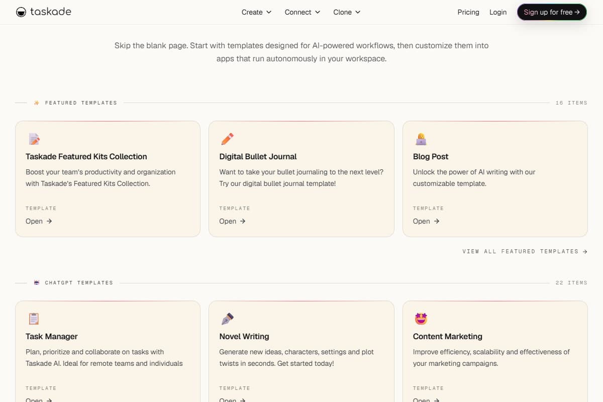 Screenshot: the Genesis Kit / template gallery — 'Skip the blank page' is the pitch I actually felt cloning a working content workflow.