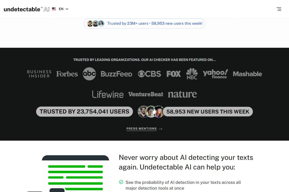 Screenshot: Undetectable AI — the category leader's homepage in June 2026