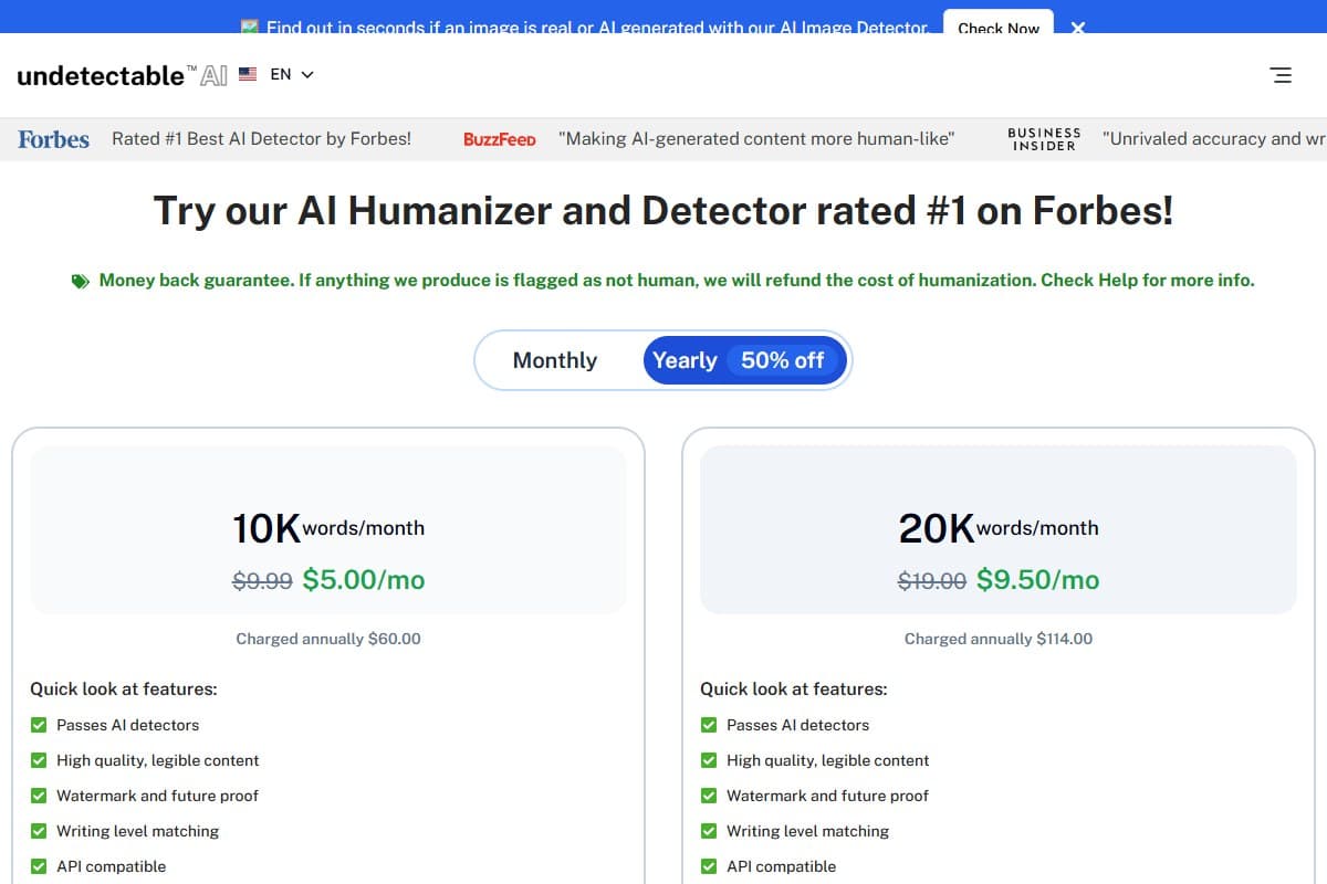 Screenshot: Undetectable AI pricing — entry at $9.99/mo, with annual billing roughly halving it (June 2026)