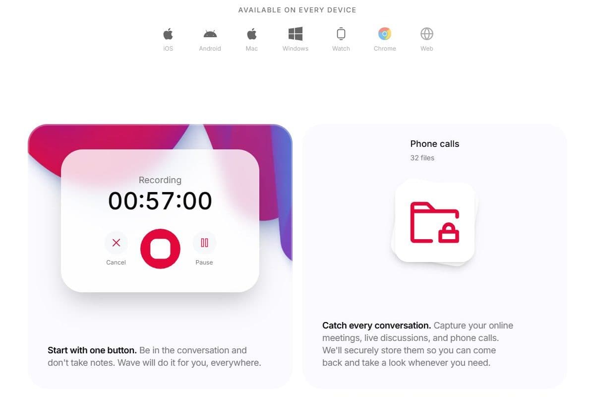 Screenshot: Wave's device lineup, with iOS, Android, Mac, Windows, Watch, Chrome and web, above the one-button recording and call capture cards