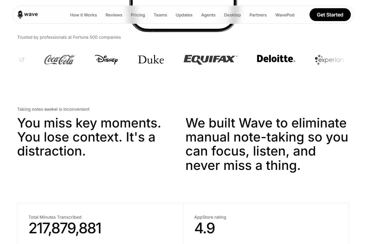 Screenshot: Wave's landing — the pitch is 'press one button,' no bot, no meeting link required