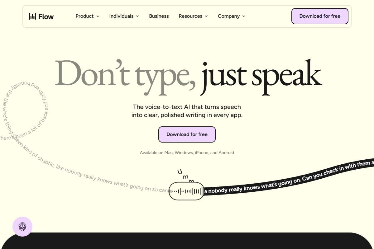 Screenshot: Wispr Flow — 'the voice-to-text AI that turns speech into clear, polished writing in every app'