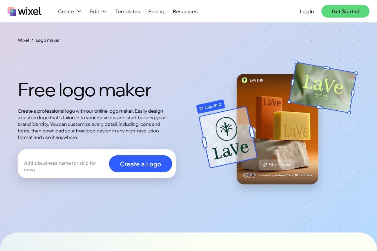 Wix free logo maker landing page, now branded Wixel