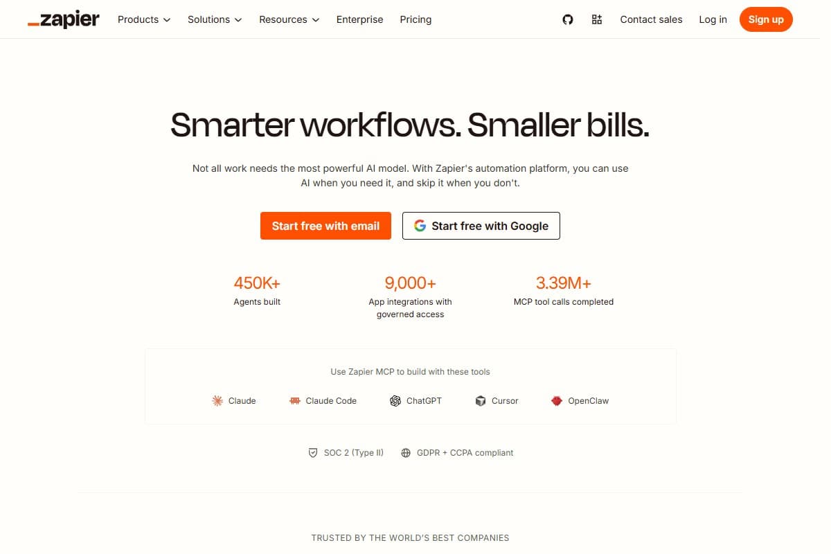 Screenshot: Zapier leads with scale rather than price, citing 9,000+ app integrations, 450,000 agents built, and MCP connections into Claude, ChatGPT and Cursor (September 2026)