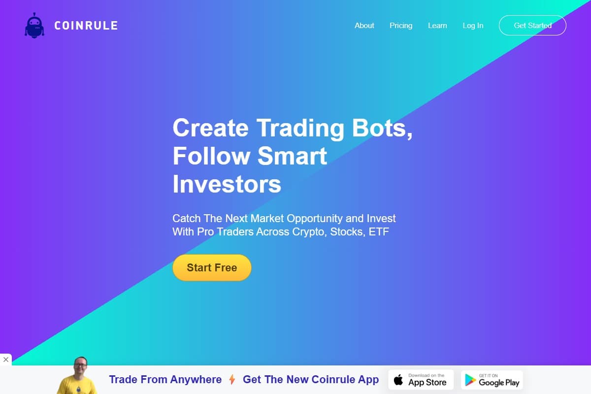 Screenshot: Coinrule homepage (July 2026)