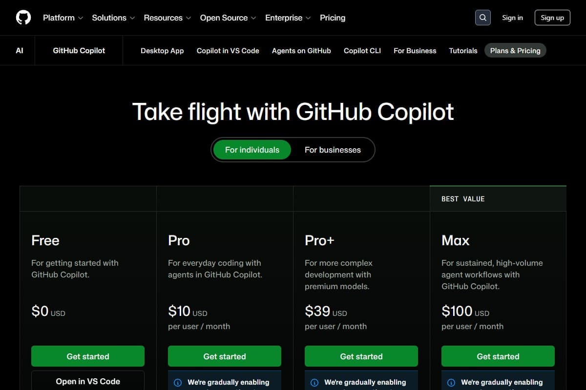 Screenshot: GitHub Copilot plans page showing AI Credits usage-based billing, June 2026