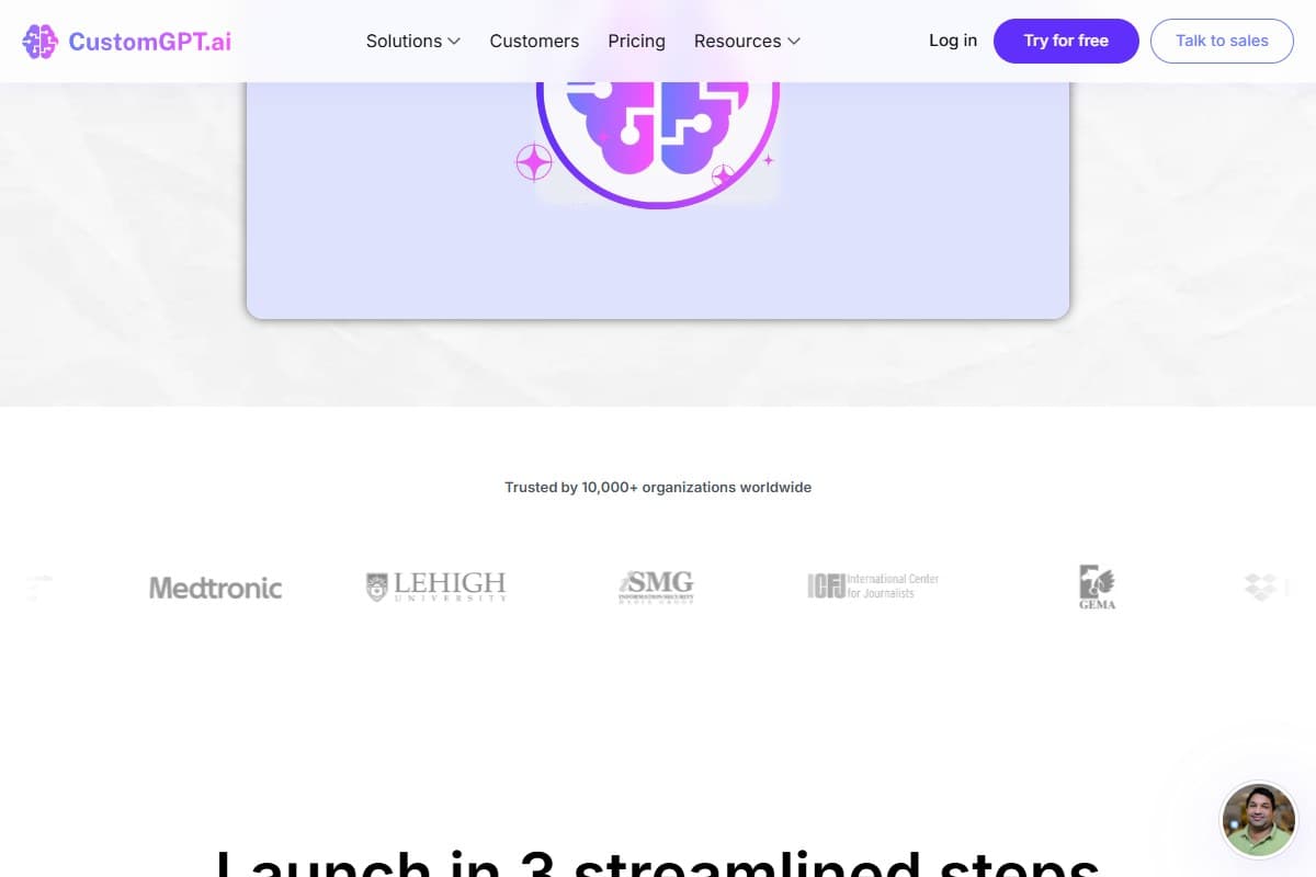 Screenshot: CustomGPT.ai — a no-code RAG platform that answers only from your documents and refuses to guess outside them.