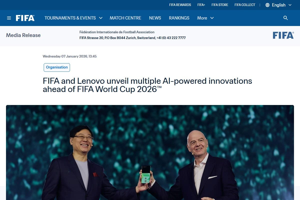 Screenshot: FIFA and Lenovo's official media release on the AI-powered innovations debuting at the 2026 World Cup