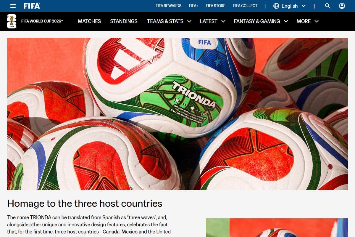 Screenshot: FIFA's official page for Trionda, the 2026 World Cup match ball with a 500Hz sensor feeding the VAR system in real time