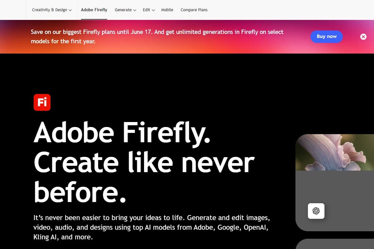 Screenshot: Adobe Firefly — the commercially-safe pick, now with unlimited standard generations on paid plans (June 2026)