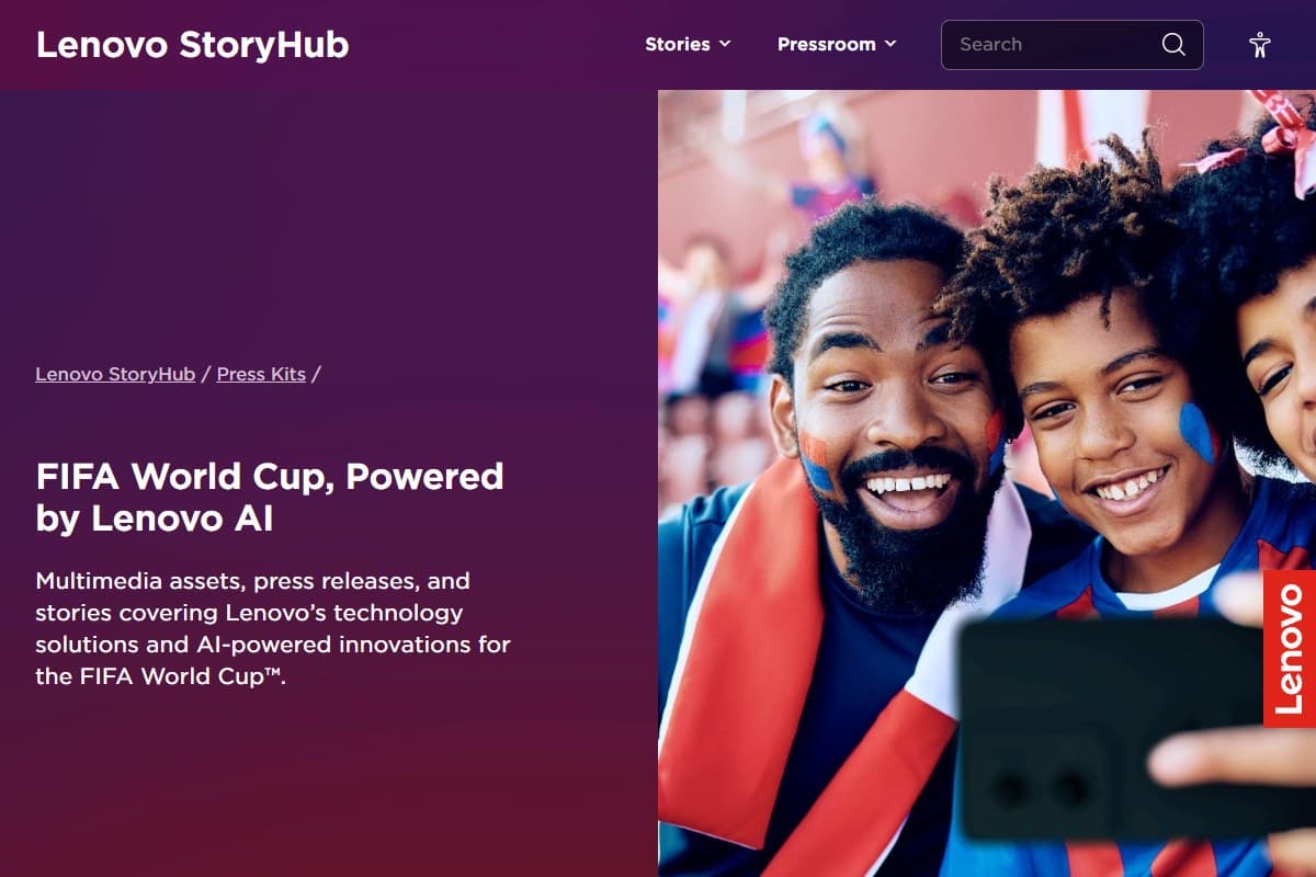 Screenshot: Lenovo's press kit on the AI engine — digital twins, command centre and analytics — running the 2026 World Cup behind the scenes