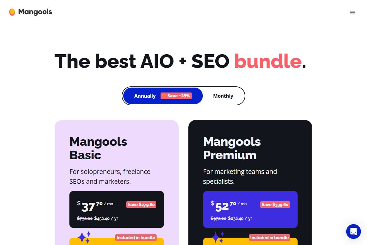 Screenshot: Mangools pricing page — Basic, Premium, and Agency, each bundling AI Search Watcher (May 2026)