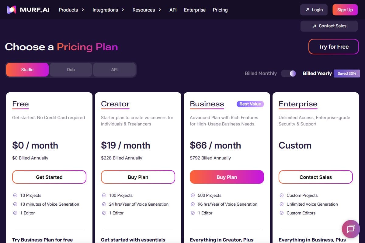 Screenshot: Murf AI pricing plans, Free, Creator, Business, and Enterprise (2026)