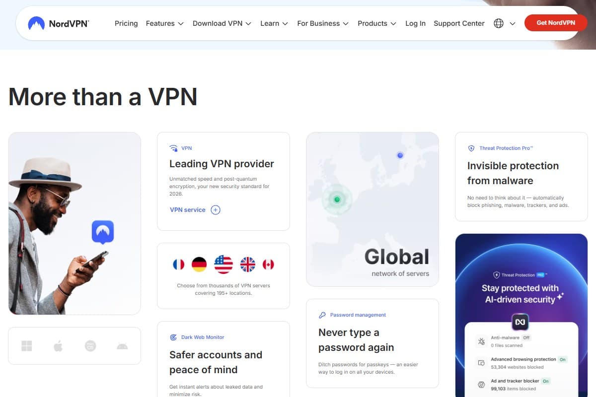 Screenshot: NordVPN's homepage — 'More than a VPN', post-quantum encryption front and center, and the Get NordVPN CTA (May 2026)