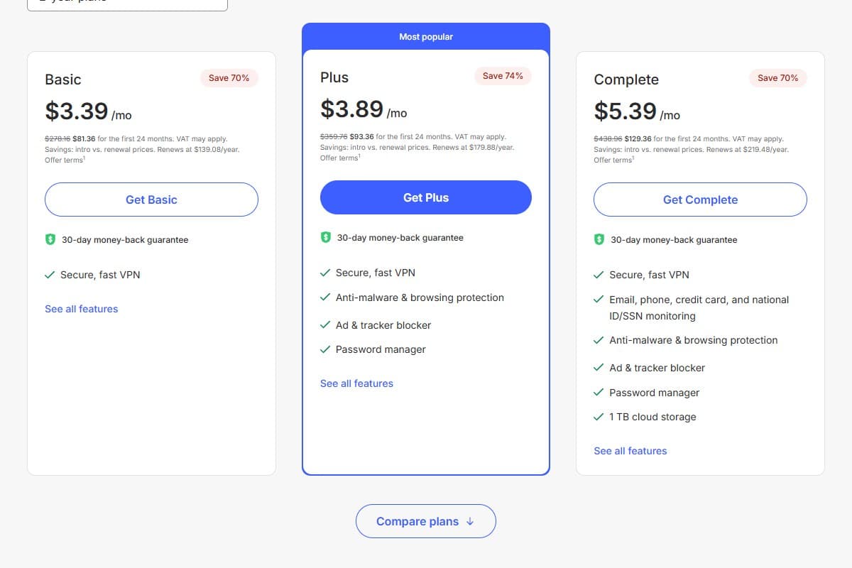 Screenshot: NordVPN pricing page — Basic, Plus, and Complete on the 2-year term, with the renewal prices tucked into the fine print (May 2026)
