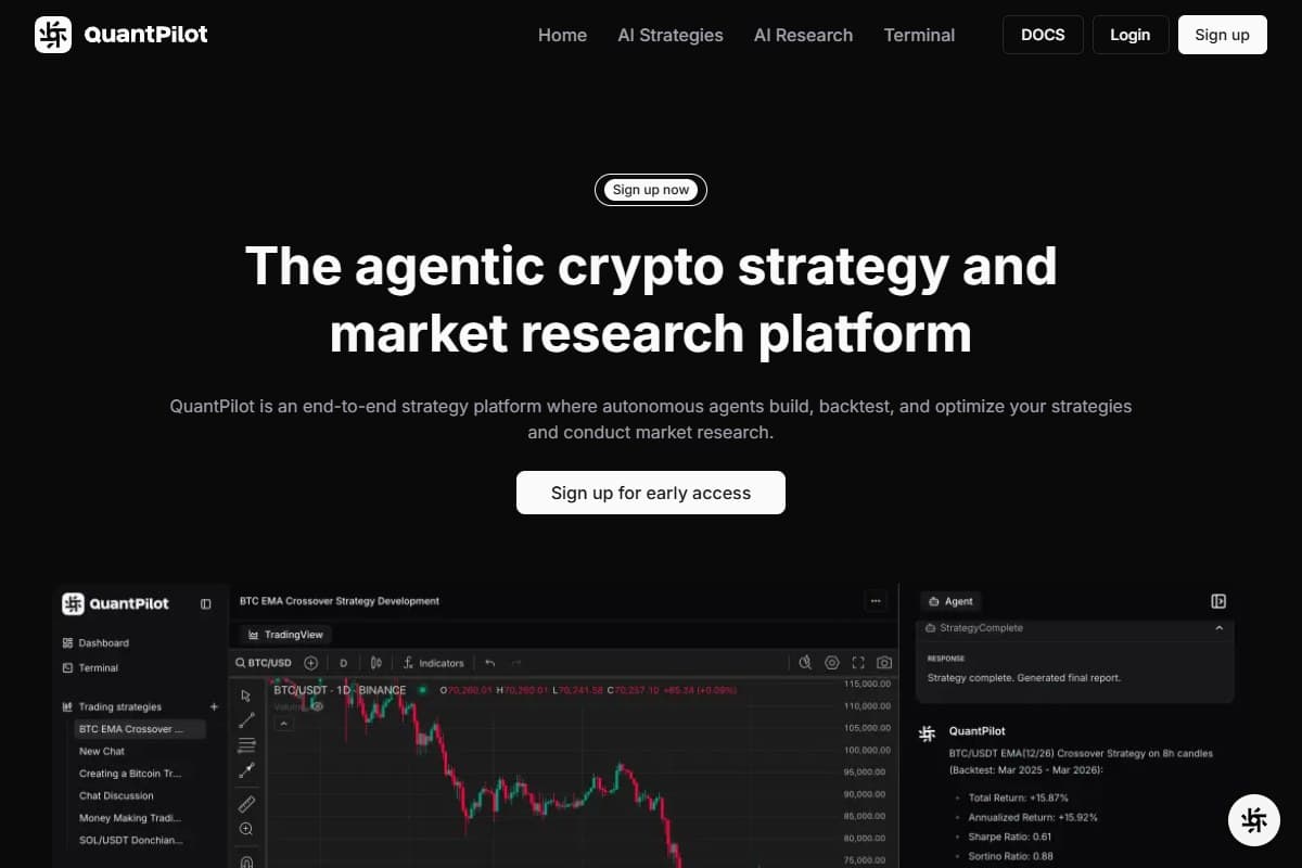 Screenshot: QuantPilot's landing page, whose hero shows the strategy builder layout: chat-driven agent panel on the right, TradingView chart in the centre, saved strategies down the left (July 2026)